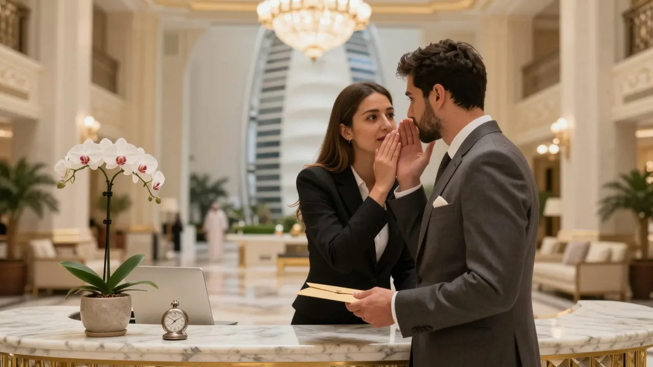A hotel concierge discreetly handing an envelope to a guest at Burj Al Arab.