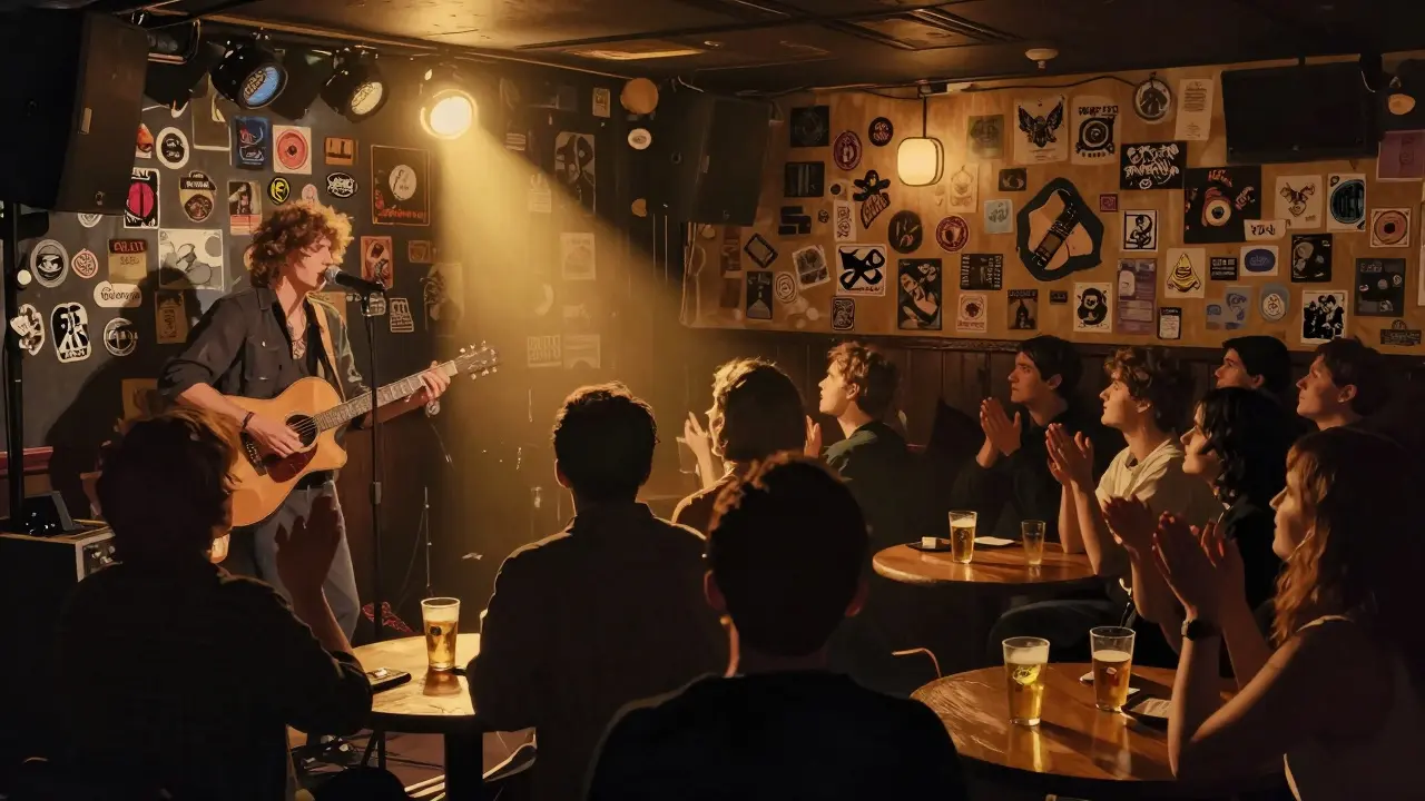 A live indie band performing in a small Camden pub with a sticker-covered wall and engaged crowd.