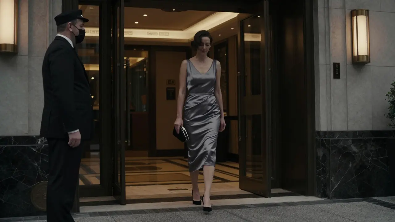 A luxury escort entering a hotel lobby discreetly through a side entrance at night.