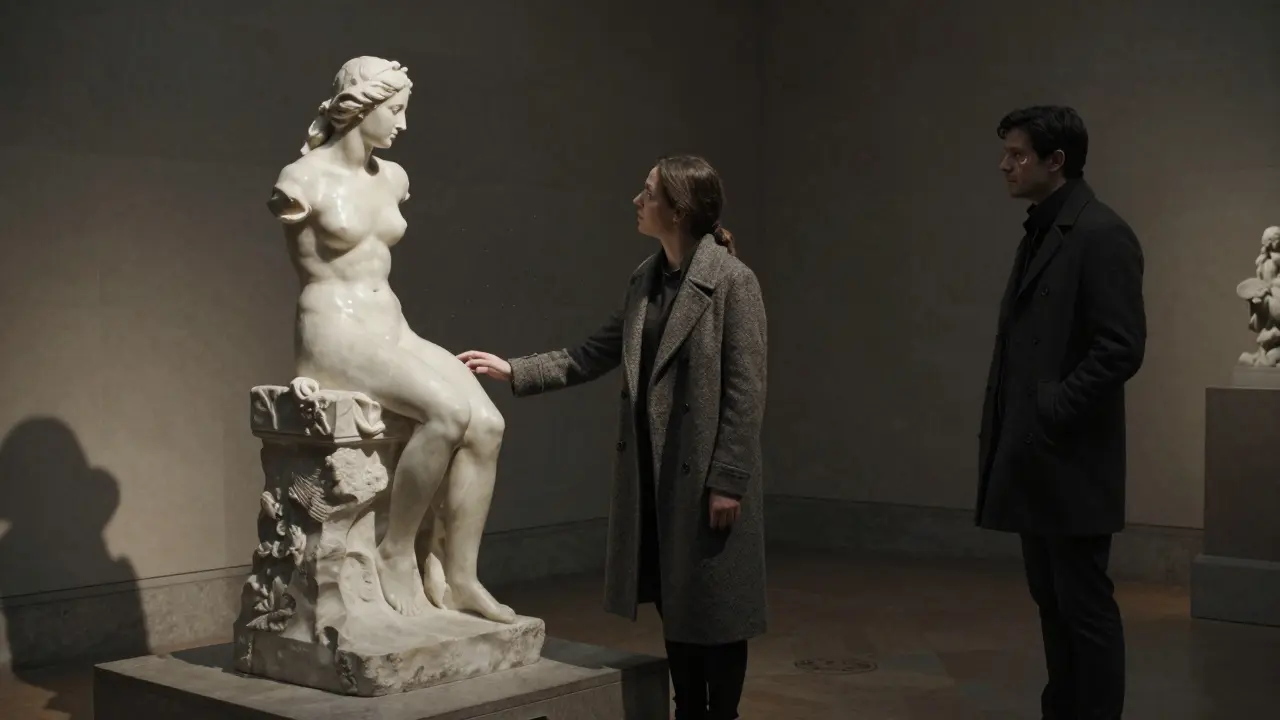 A man and woman in an empty museum gallery, lit by soft spotlights, near a Rodin sculpture.