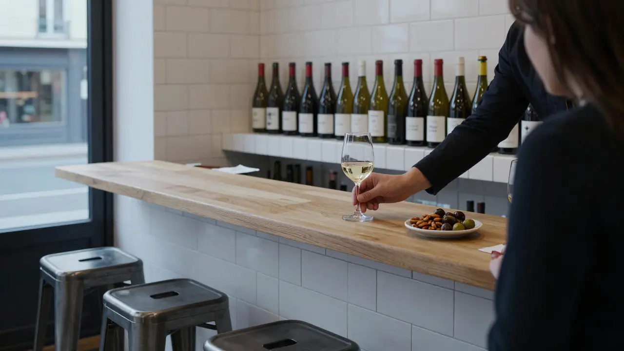 A minimalist wine bar with steel stools and white tiles, where a sommelier serves a glass of Chardonnay with simple snacks.