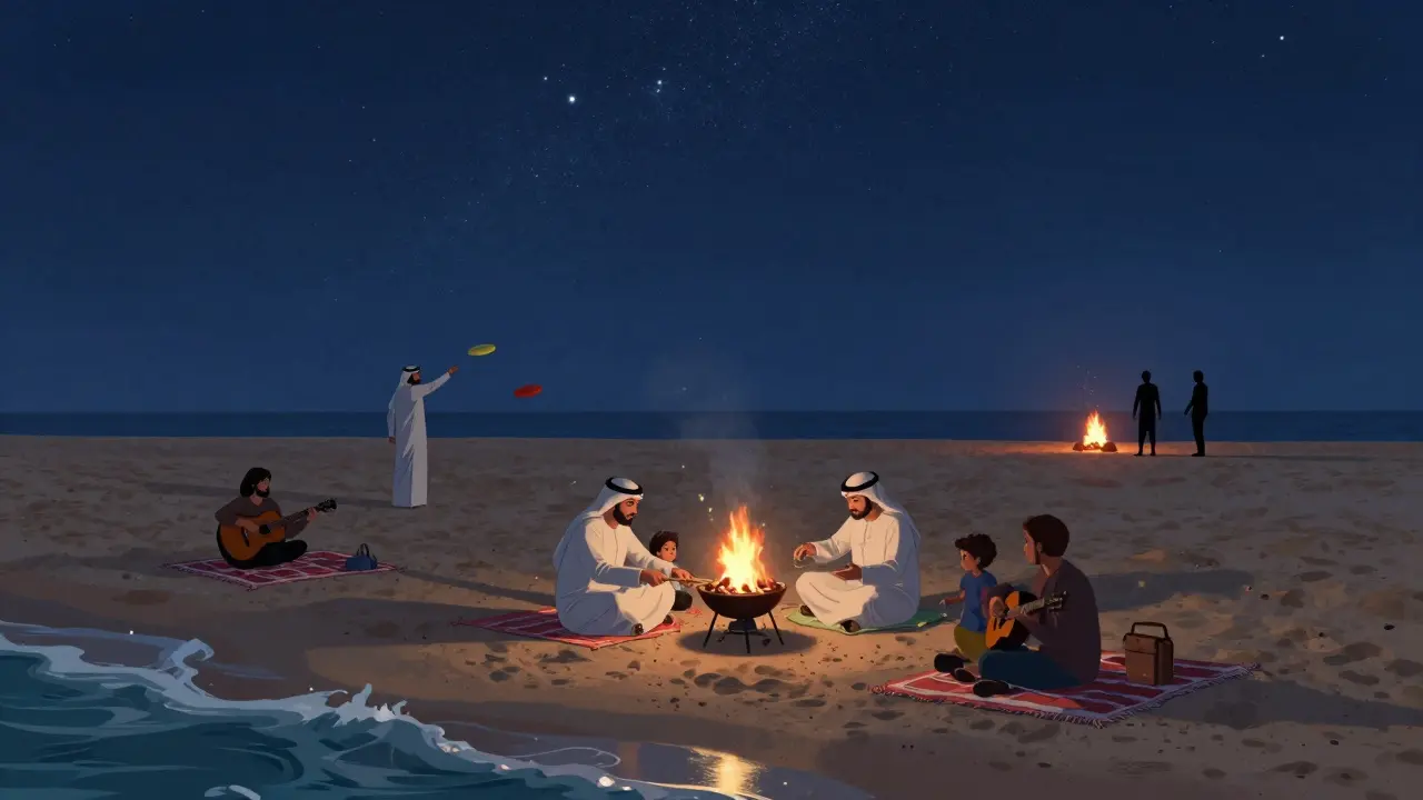 A peaceful beach at night with families and friends gathered around a bonfire under a starry sky.