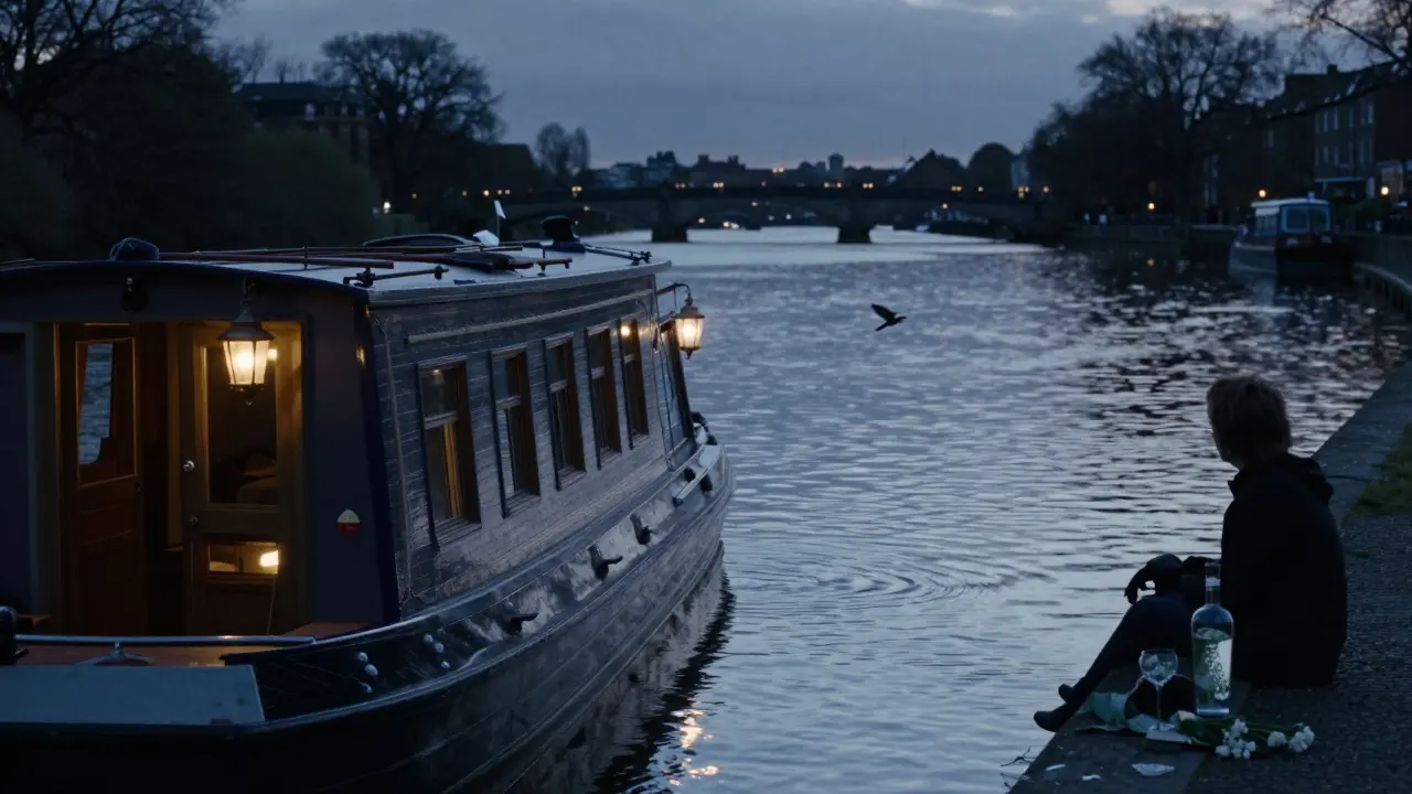A peaceful boat bar on the Thames at night with lanterns glowing and a kingfisher flying low over the water.