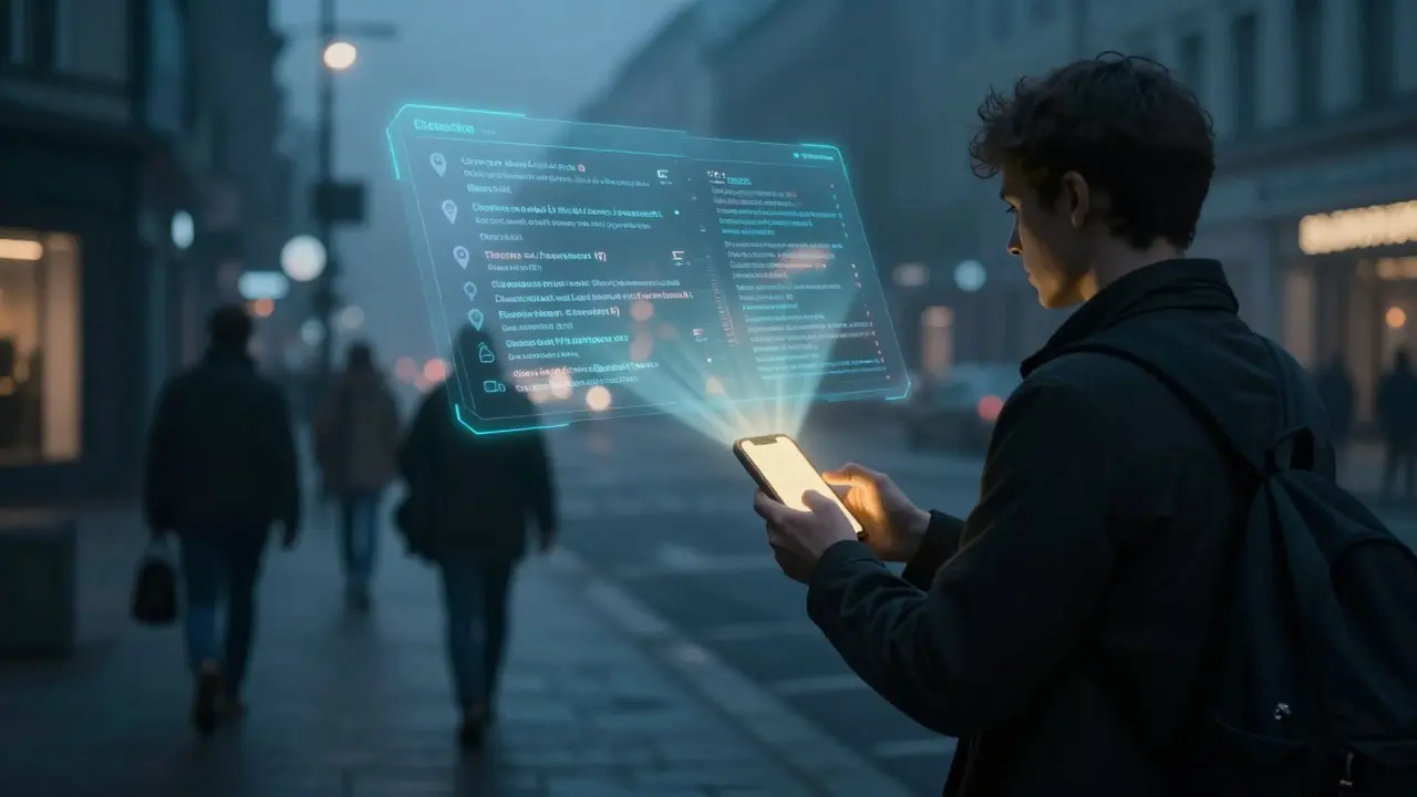 A person walking at night in Berlin, their smartphone projecting encrypted payment and safety data as a hologram.