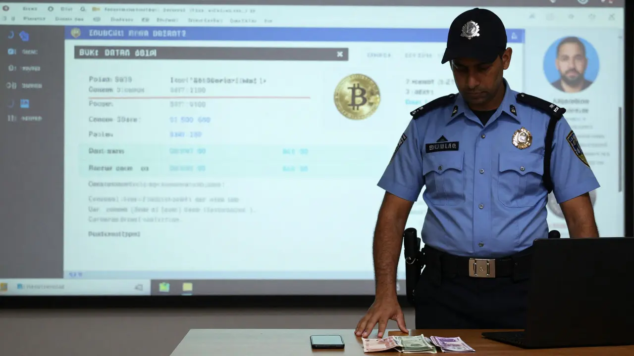 A police officer beside confiscated cash and a phone displaying a cryptocurrency payment, symbolizing legal risks.