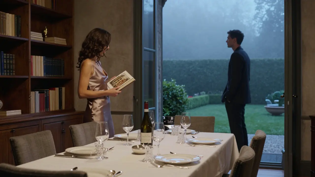 A private villa dining room at night, with fine table settings and a woman holding a book on art history.