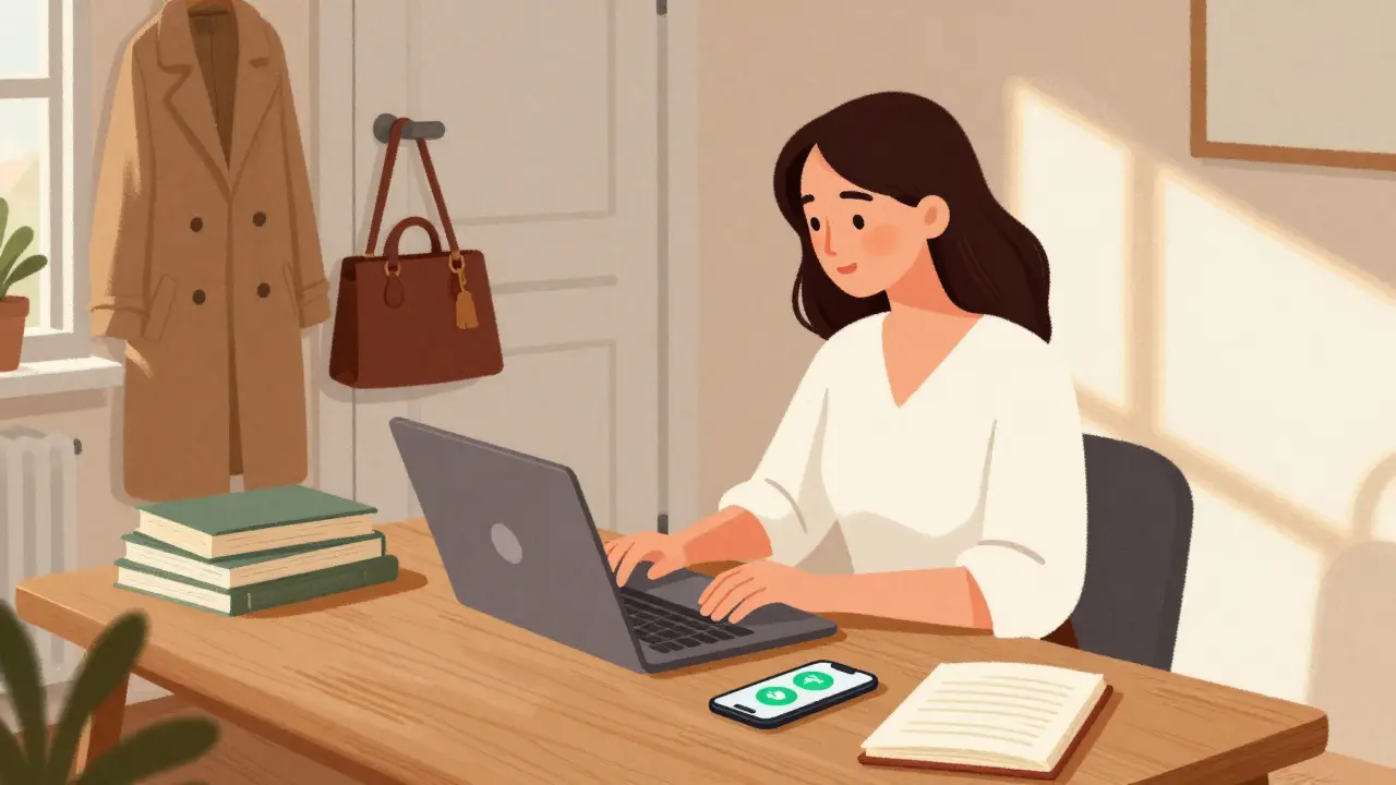 A professional woman works independently in a quiet Milan apartment, laptop and phone visible, natural light filling the room.