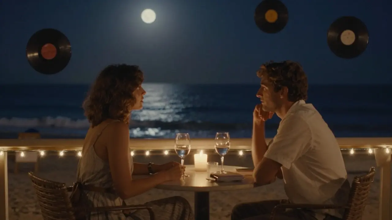 A quiet couple at a candlelit terrace overlooking Monaco’s harbor at midnight, soft disco lights in the air.