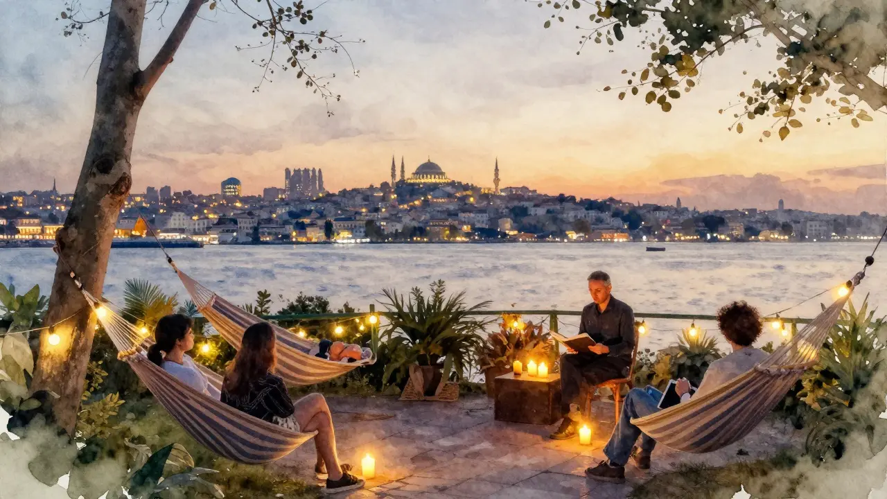 A quiet garden bar at dawn, people relaxing in hammocks under string lights while a poet reads aloud.