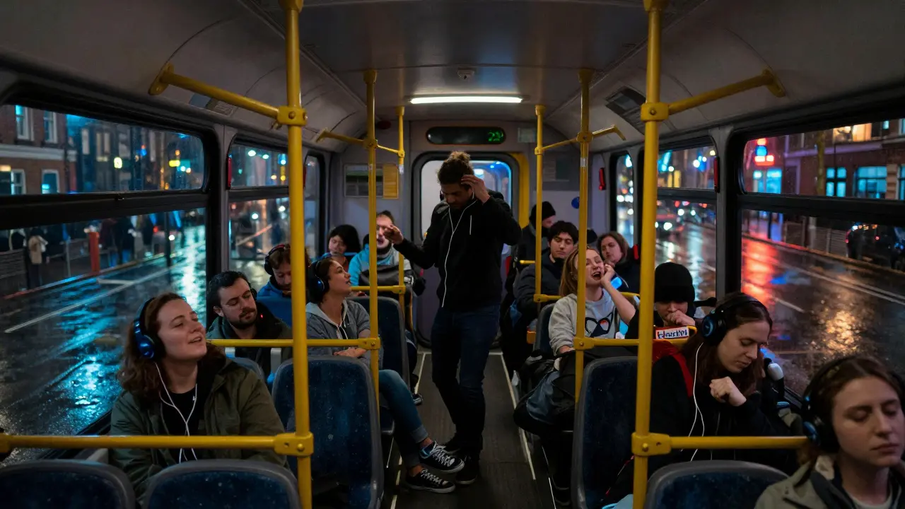 A quiet London night bus at 3 AM filled with diverse passengers, reflecting city lights through rain-slicked windows.