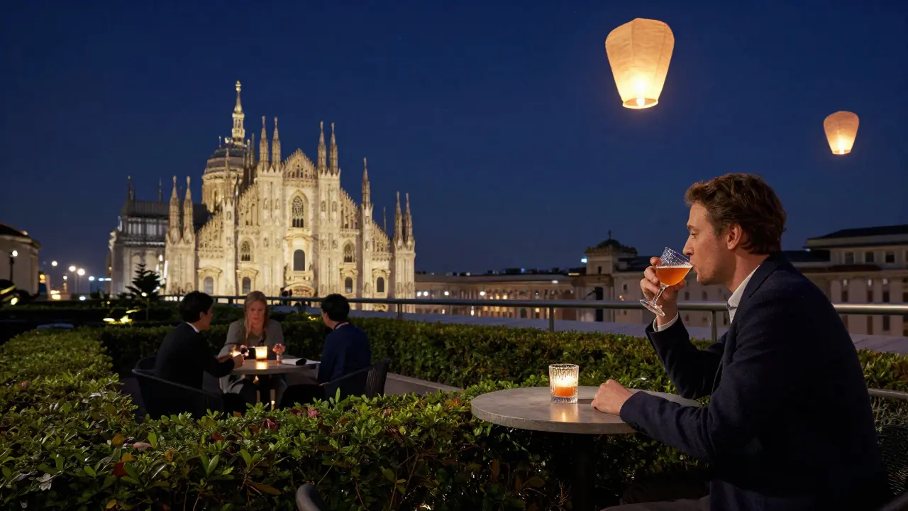 A quiet rooftop garden at night with the Duomo in the distance and stars overhead.