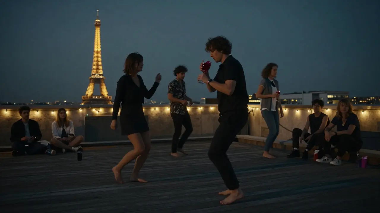 A rooftop bar at night with the Eiffel Tower in the distance, people dancing under string lights and sipping cocktails.
