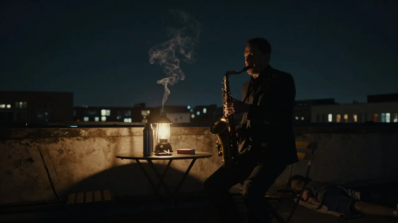 A saxophonist plays jazz on a Berlin rooftop at night, with a thermos and matches on a small table under a lantern.