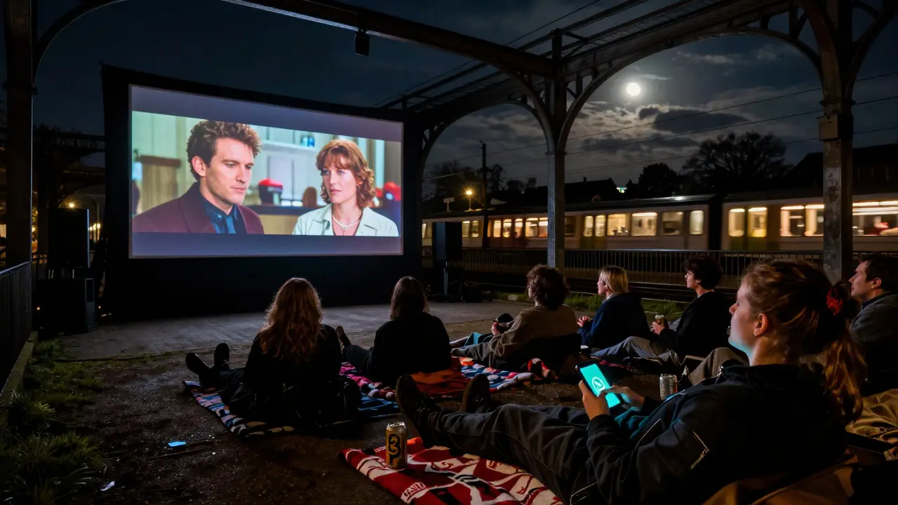 A secret outdoor movie night under railway arches with people watching a film and holding cheap beer cans.