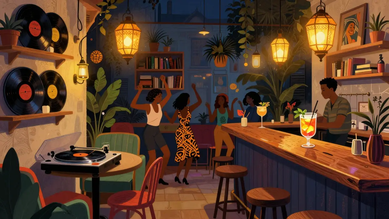 A vibrant, eclectic bar filled with mismatched furniture, hanging lanterns, and people dancing to global music.