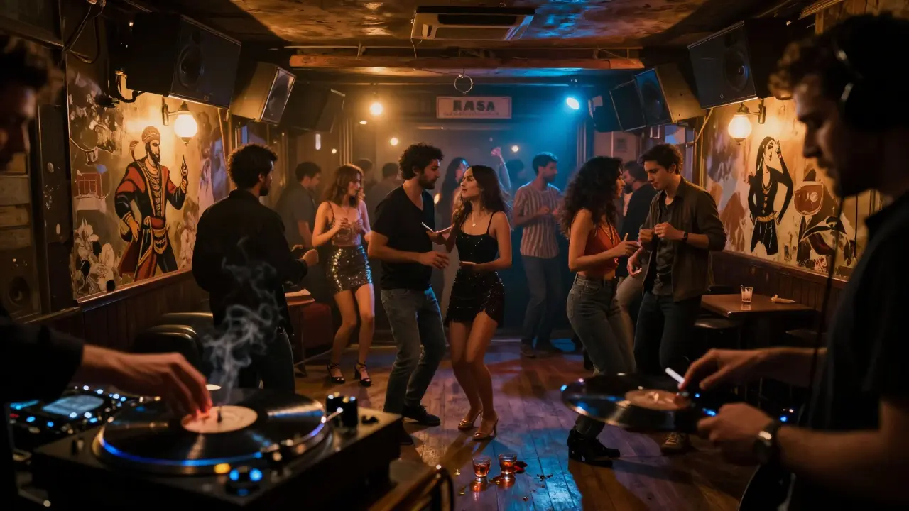 A vibrant underground club with dim lighting, dancers moving to live music, and walls covered in colorful murals.