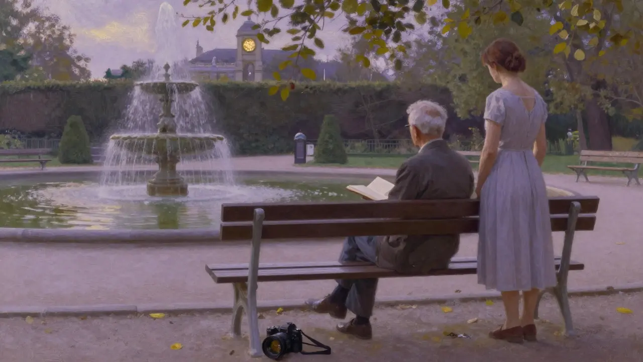 An elderly man sits on a garden bench in Luxembourg Gardens as a woman stands nearby at twilight.