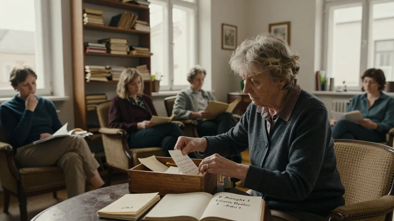 An elderly woman places a handwritten note into a box of letters and diaries in a sunlit room filled with books.