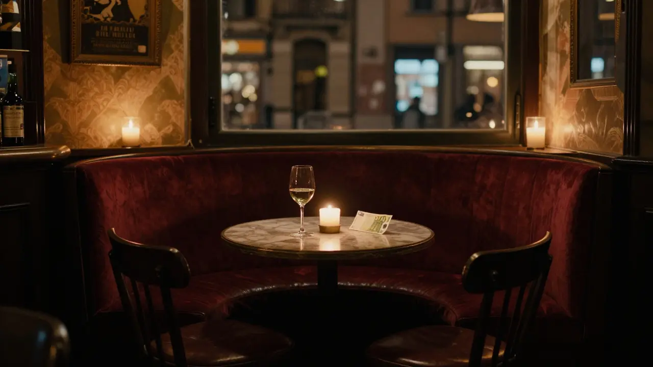 An empty bar booth in Brera, Milan, with wine and cash on the table, symbolizing a planned, respectful encounter.
