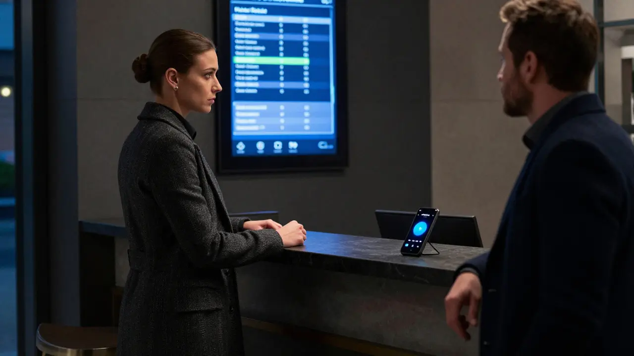An escort checking into a secure Milan hotel lobby while a client waits, emphasizing safety and professionalism.