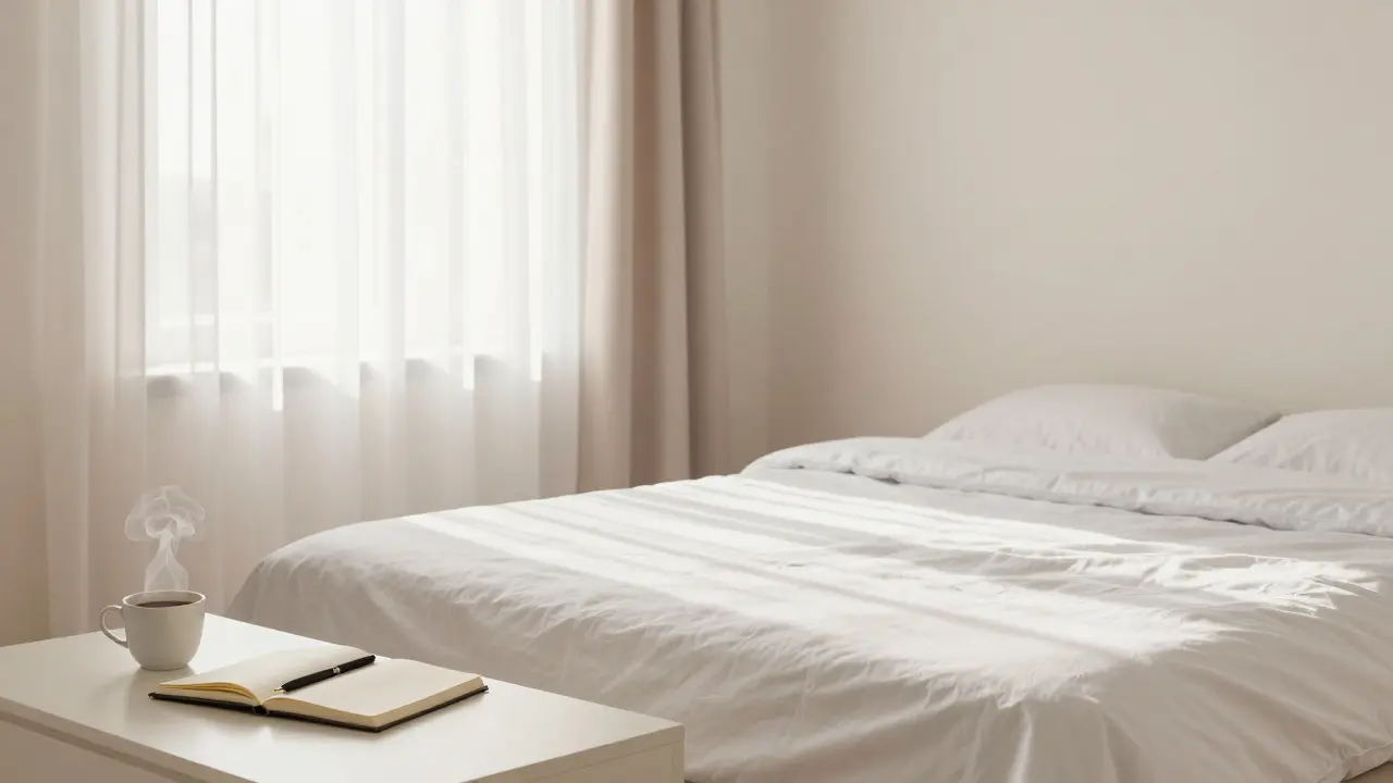 An immaculate Dubai bedroom at dawn, empty but serene, with a coffee cup and open notebook suggesting thoughtful, reliable care.