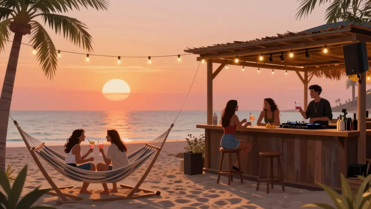 Beachside bar at sunset with hammocks, string lights, and people drinking gin and tonics as the sun sets.