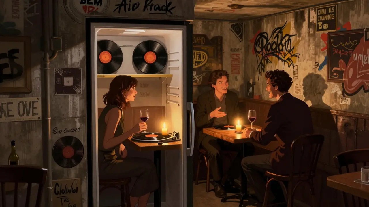Candlelit conversation in a hidden speakeasy behind a fridge door, surrounded by street art and vinyl records.
