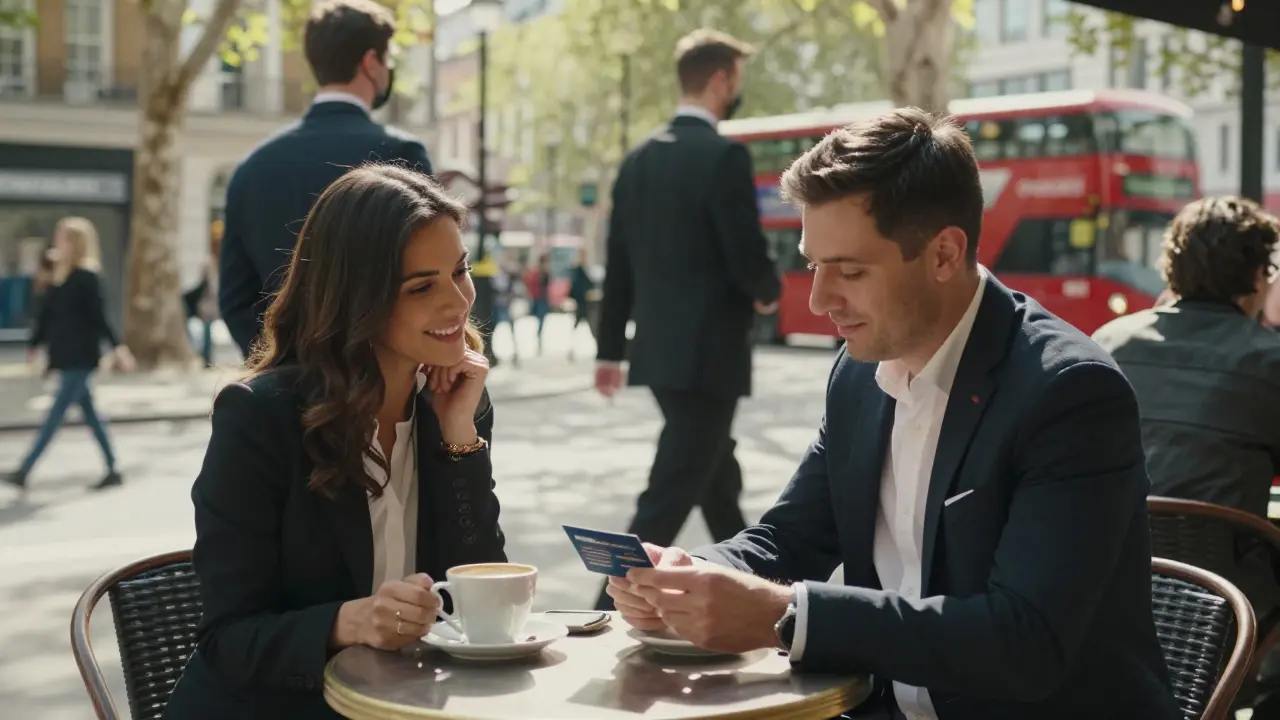 Client and escort meeting safely in a London café.