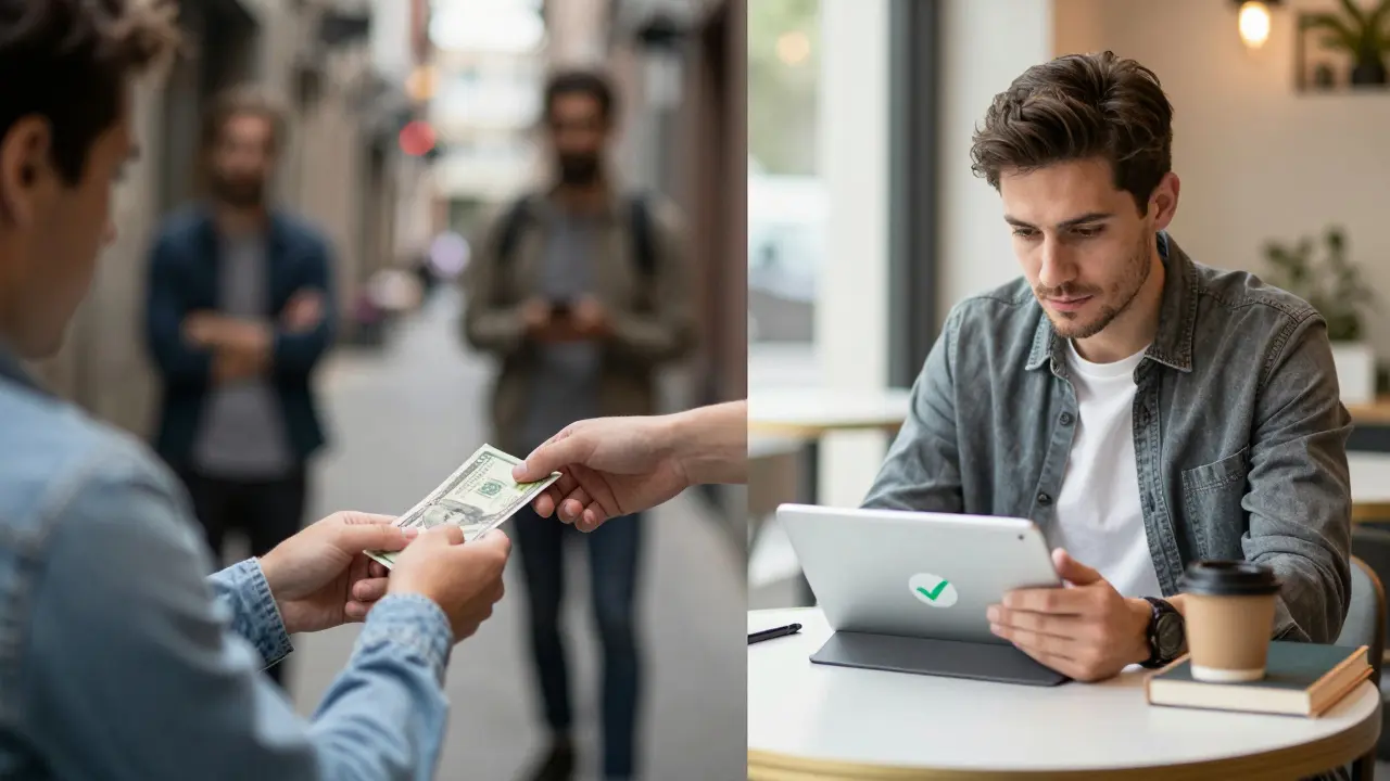 Contrast between unsafe cash payment in alley and secure online payment in a café, highlighting safe practices.