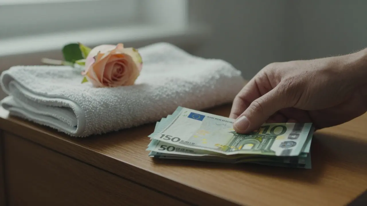 Crisp euro bills placed neatly beside a folded towel and a single rose, symbolizing fair payment and thoughtful closure.