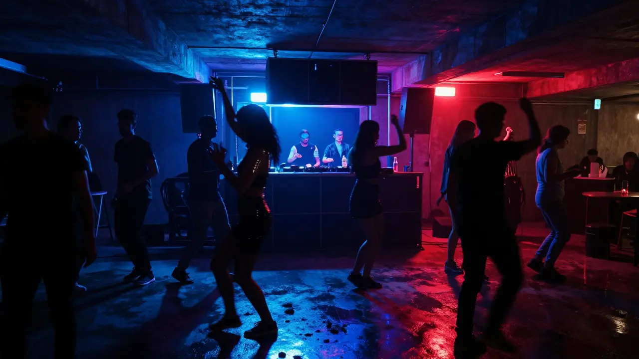 Dancers lost in a Karaköy basement club under strobing neon lights and a powerful sound system.