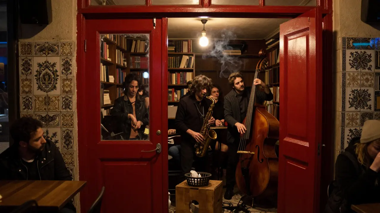 Dim jazz club basement with musicians playing, red door, and vintage Ottoman tiles in the background.