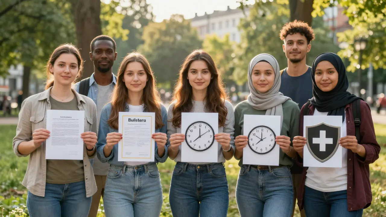 Diverse Berlin escort workers standing together in a park, symbols of rights and dignity visible around them.