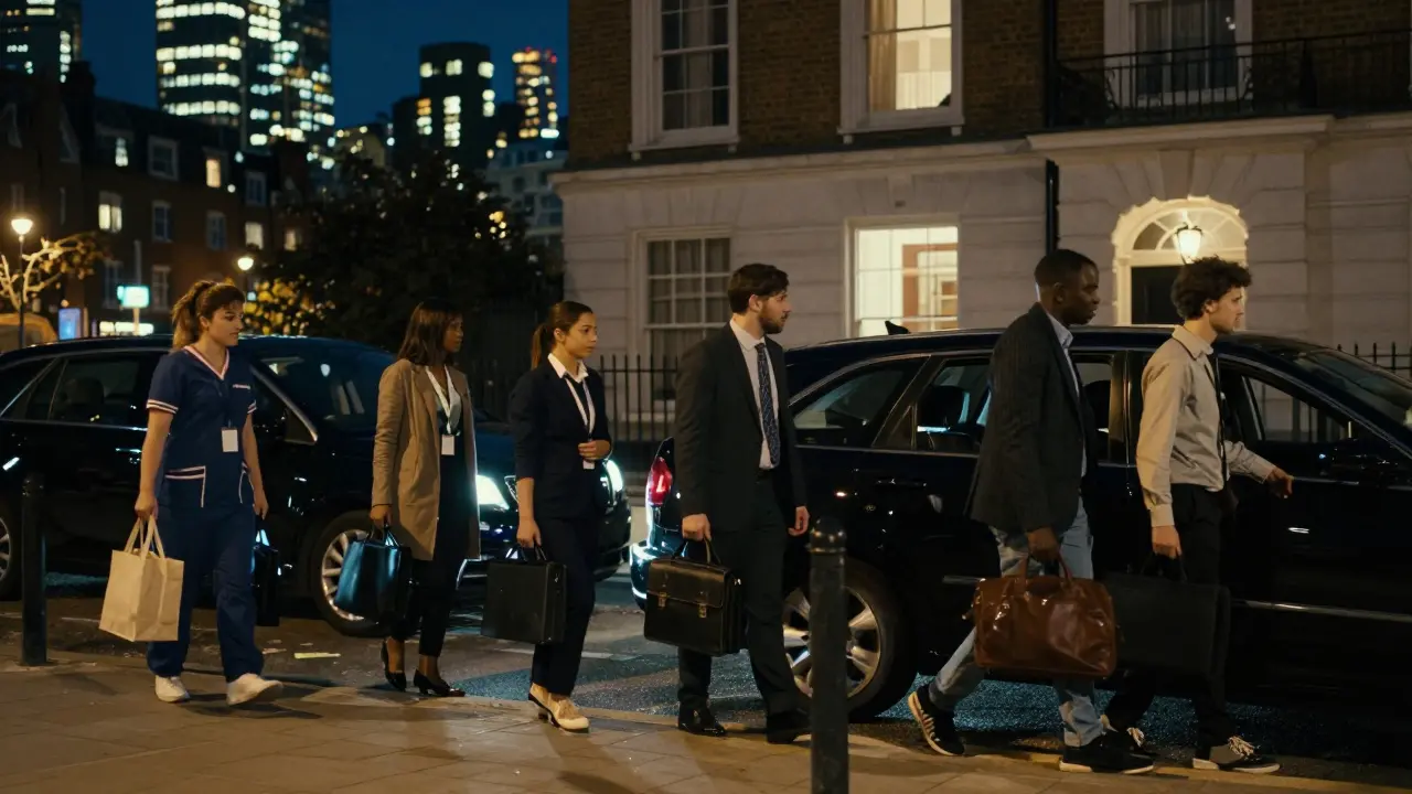 Diverse professionals arriving discreetly for escort appointments across London at night.