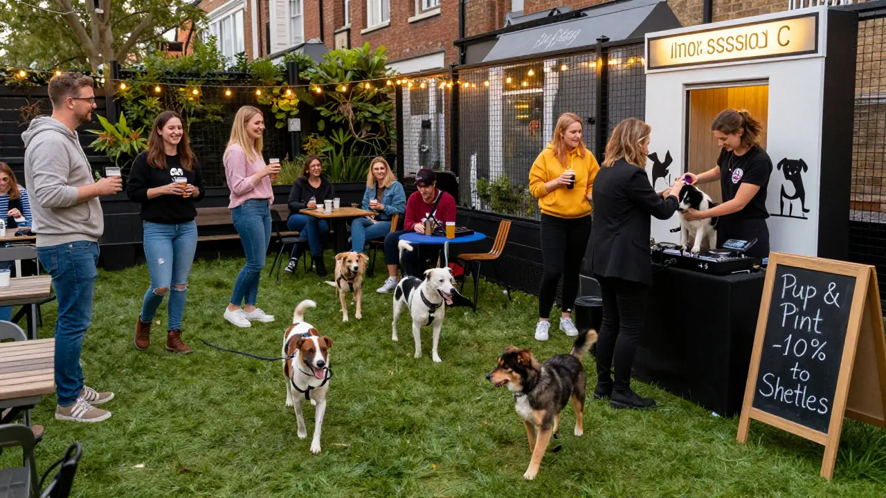 Dogs play in a fenced beer garden while owners laugh at a pet photo booth and groomer at a Camden pub.