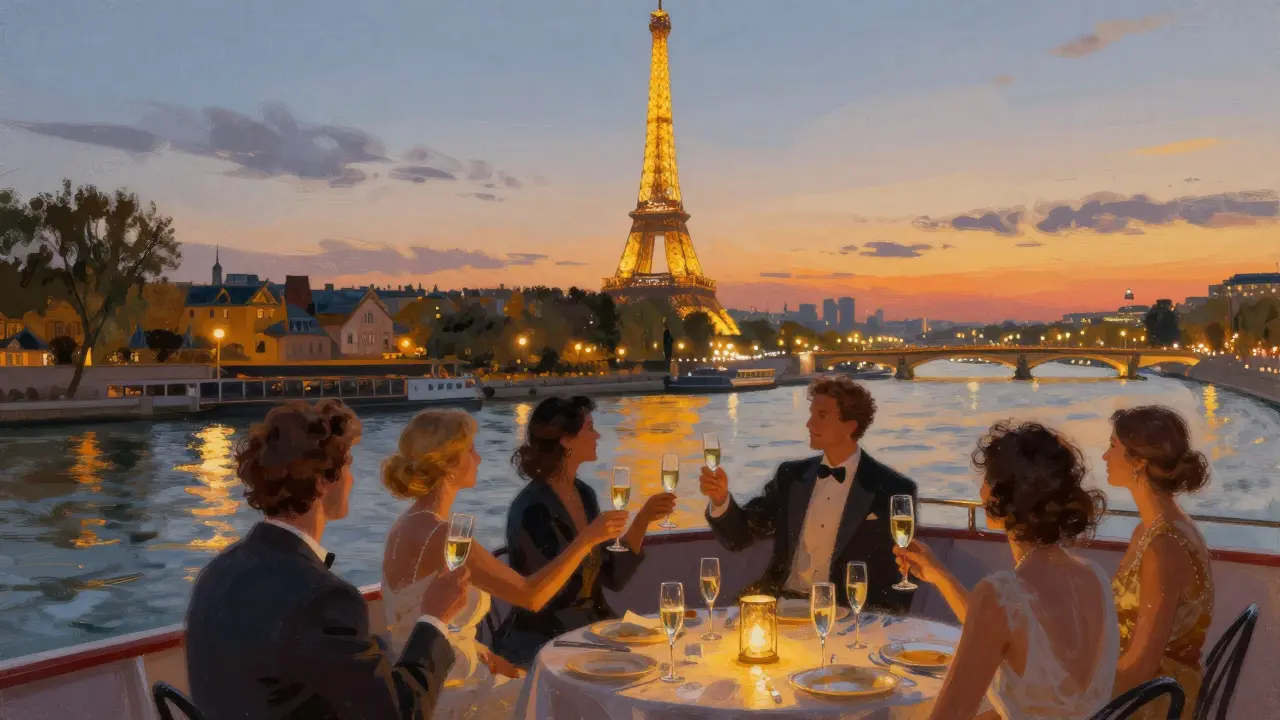 Group enjoying champagne on Seine River cruise with Paris skyline at night
