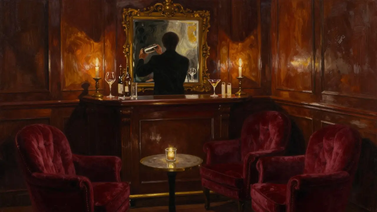 Intimate Le Fumoir interior with velvet chairs and bartender mixing a martini.
