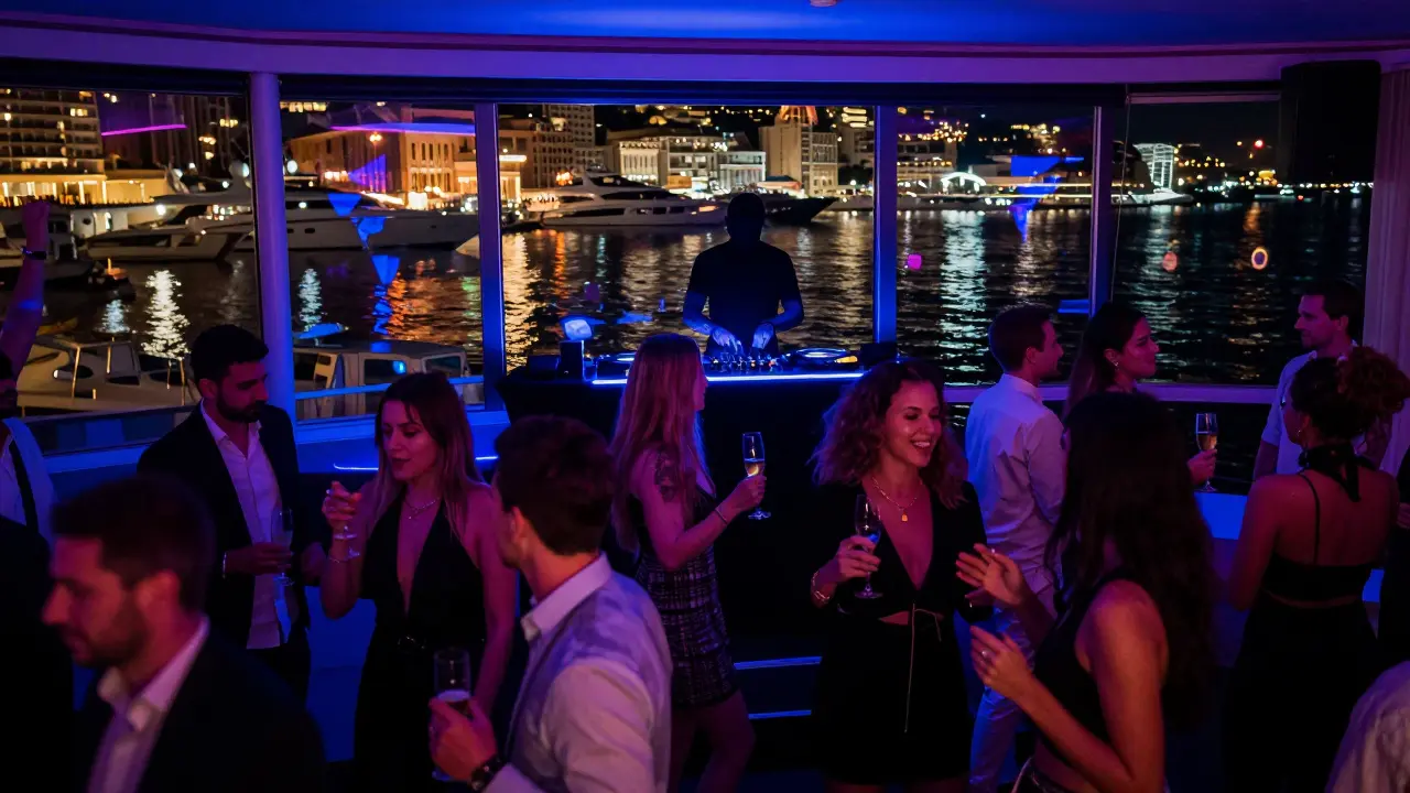 Le Blue club on Monaco’s harbor with glowing windows, dancers, and yachts reflected in the sea.