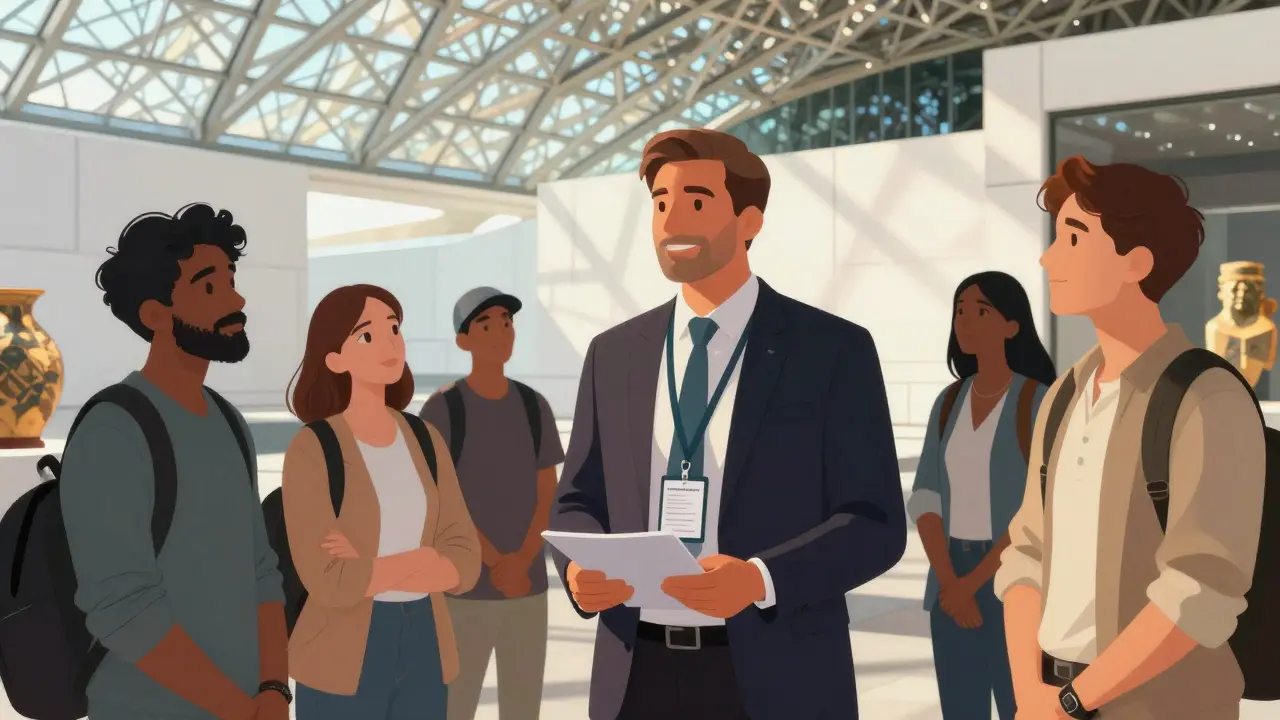 Licensed tour guide with official badge leading visitors at Louvre Abu Dhabi museum