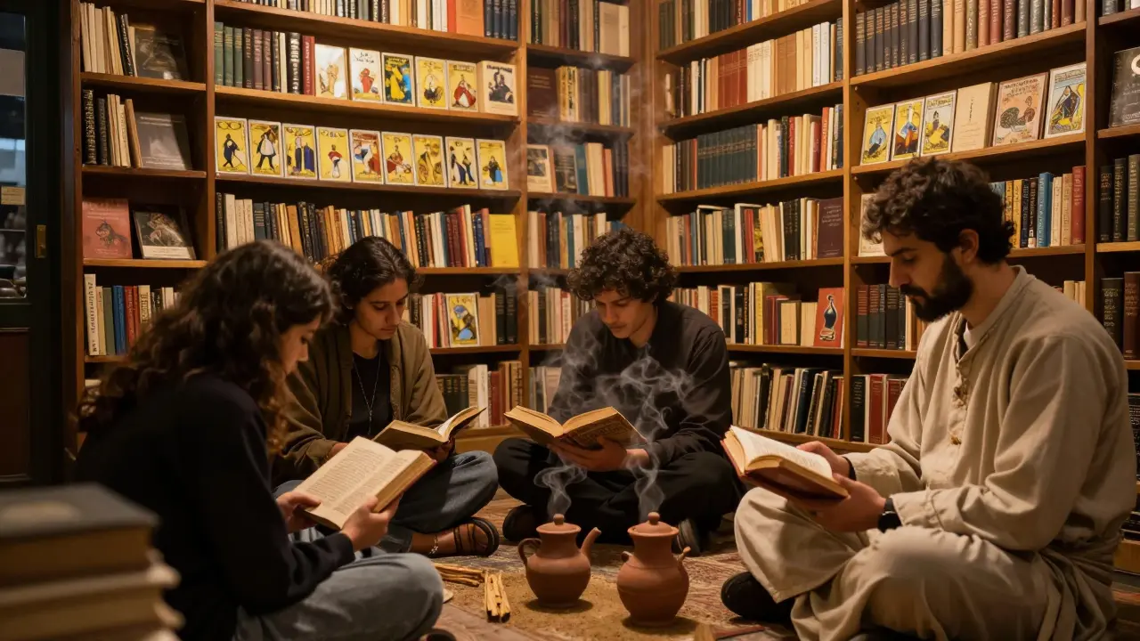 People gathered on the floor of an old bookshop, reading aloud from a book as tea steams nearby in clay pots.