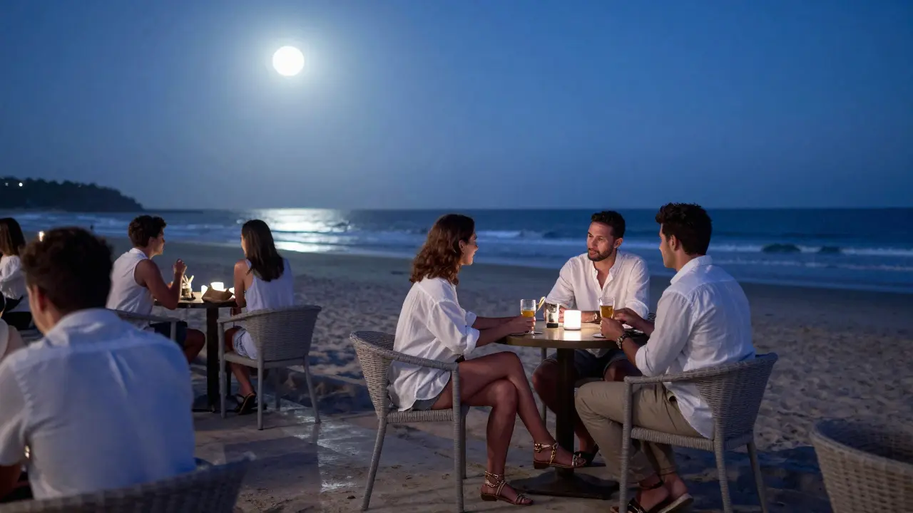 Quiet beach lounge under moonlight with relaxed guests
