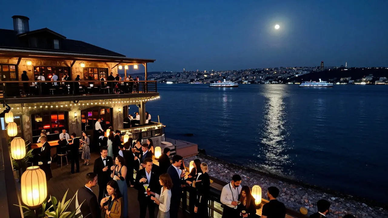 Reina nightclub terrace on the Bosphorus under string lights, guests enjoying cocktails at night.