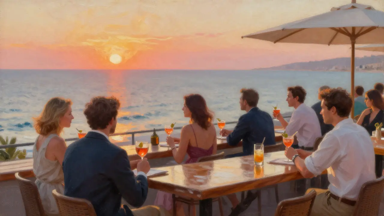 Rooftop bar at sunset with Mediterranean views and cocktails