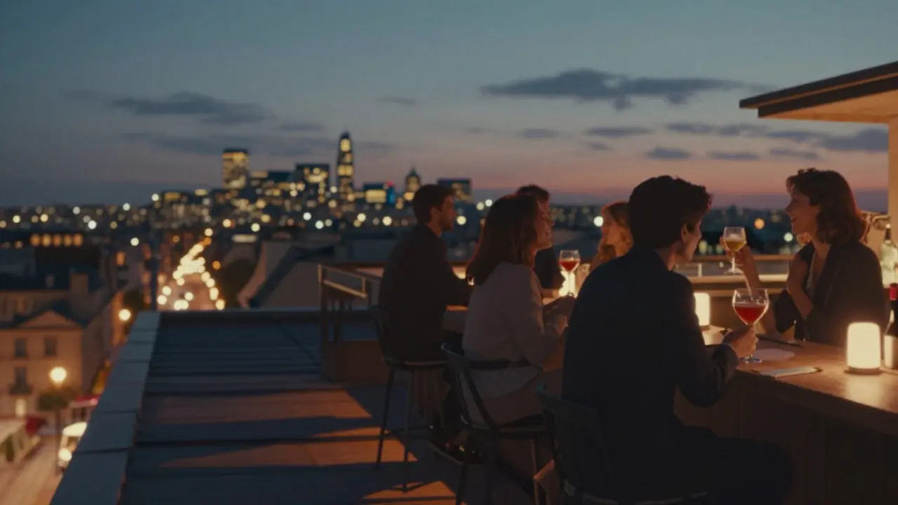 Rooftop bar in Paris at night, silhouettes enjoying the city skyline, no signs, calm and intimate mood.