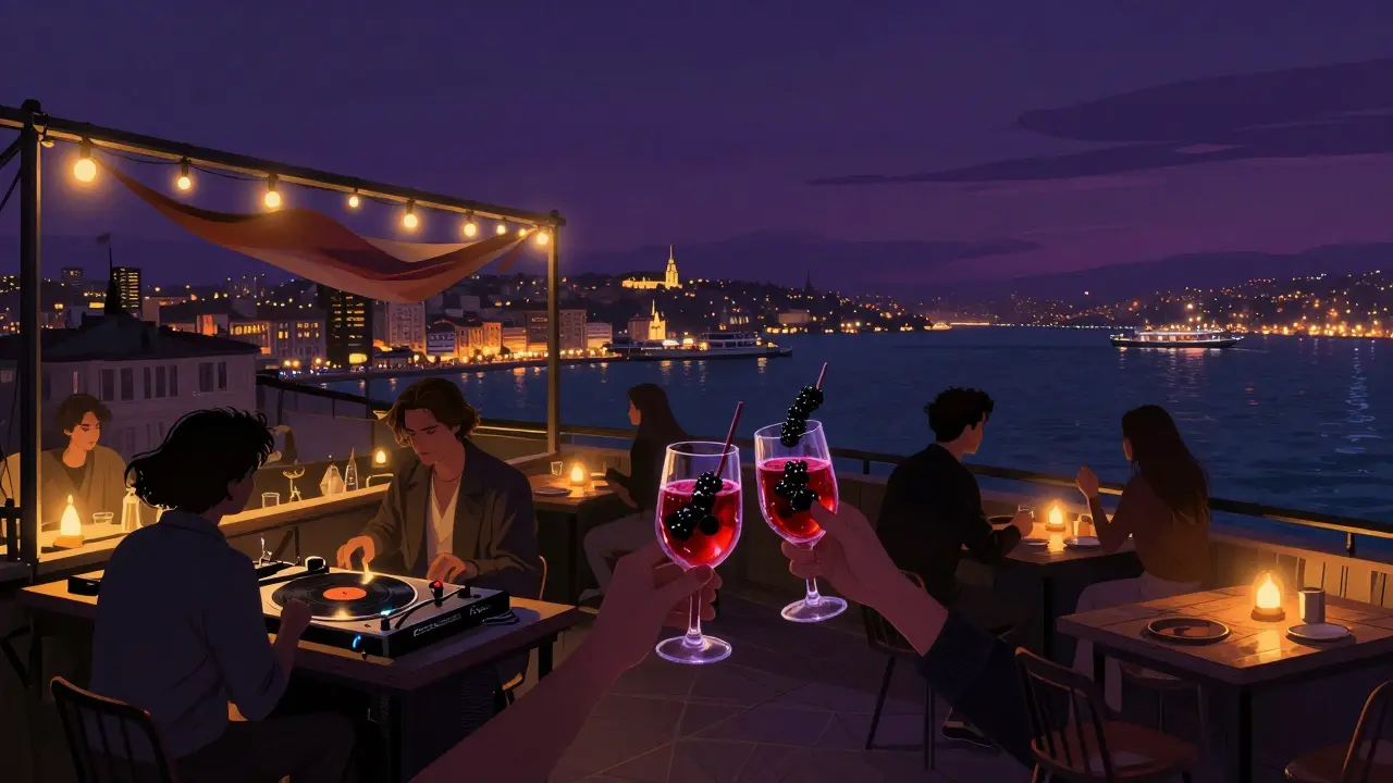 Rooftop bar Neon in Karaköy at night with city lights and patrons sipping craft cocktails under string lights.