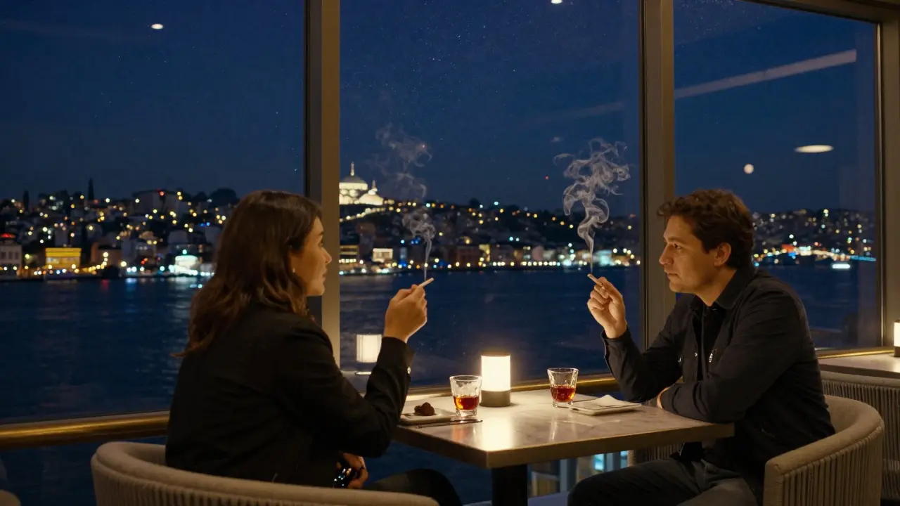 Rooftop bar overlooking the Bosphorus at night with people sipping rakı under the stars.