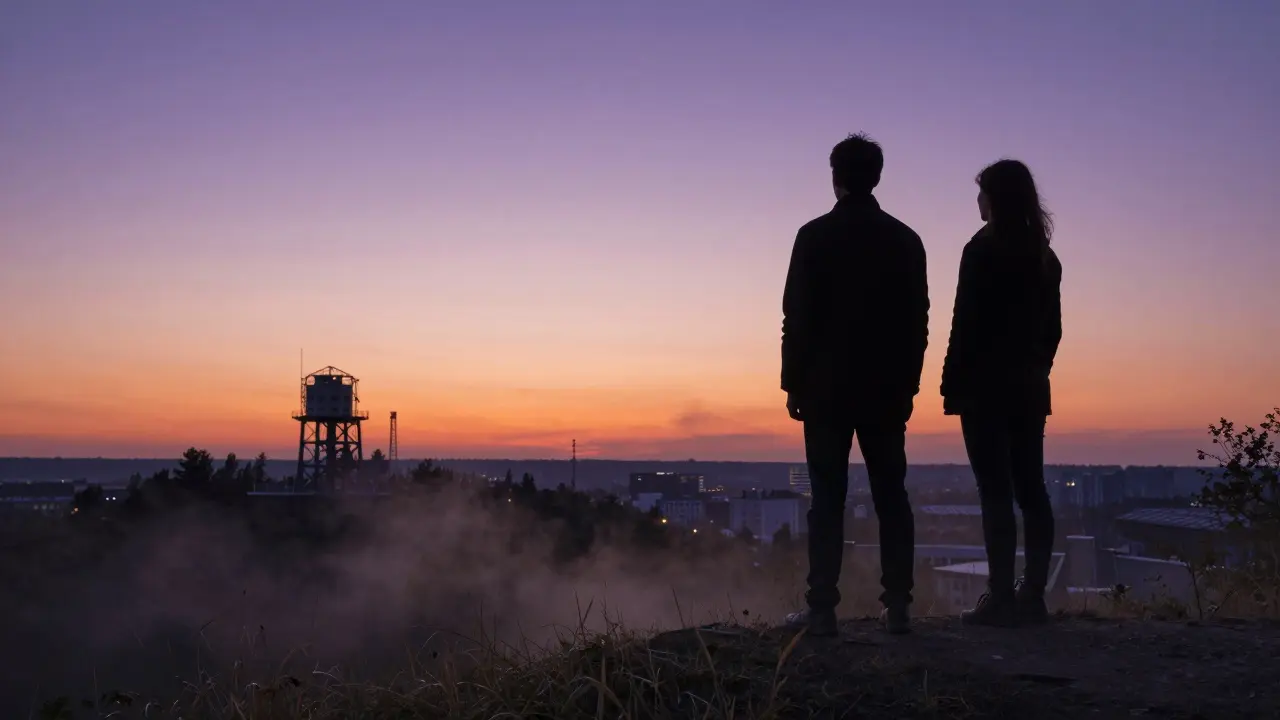 Silhouetted figure at Teufelsberg at dusk, their shadow merging with an unseen companion overlooking Berlin.