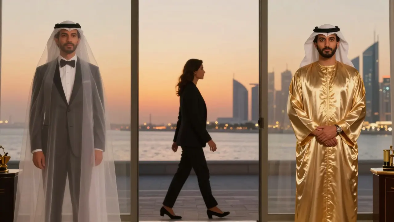 Three types of companions in Abu Dhabi: event, personal, and luxury, represented in elegant silhouettes.
