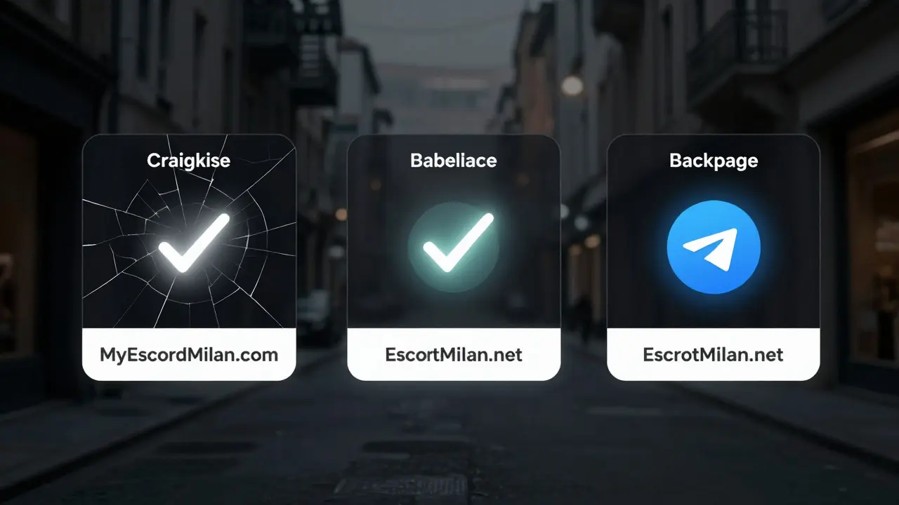 Three verified escort platforms glow above dark, fading scam websites, symbolizing safe vs. dangerous online choices in Milan.