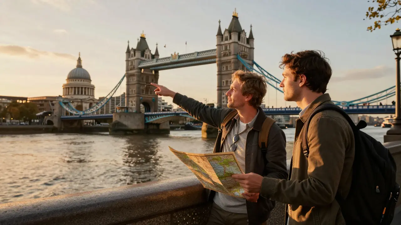 Tourist and companion exploring Tower Bridge with historical context.
